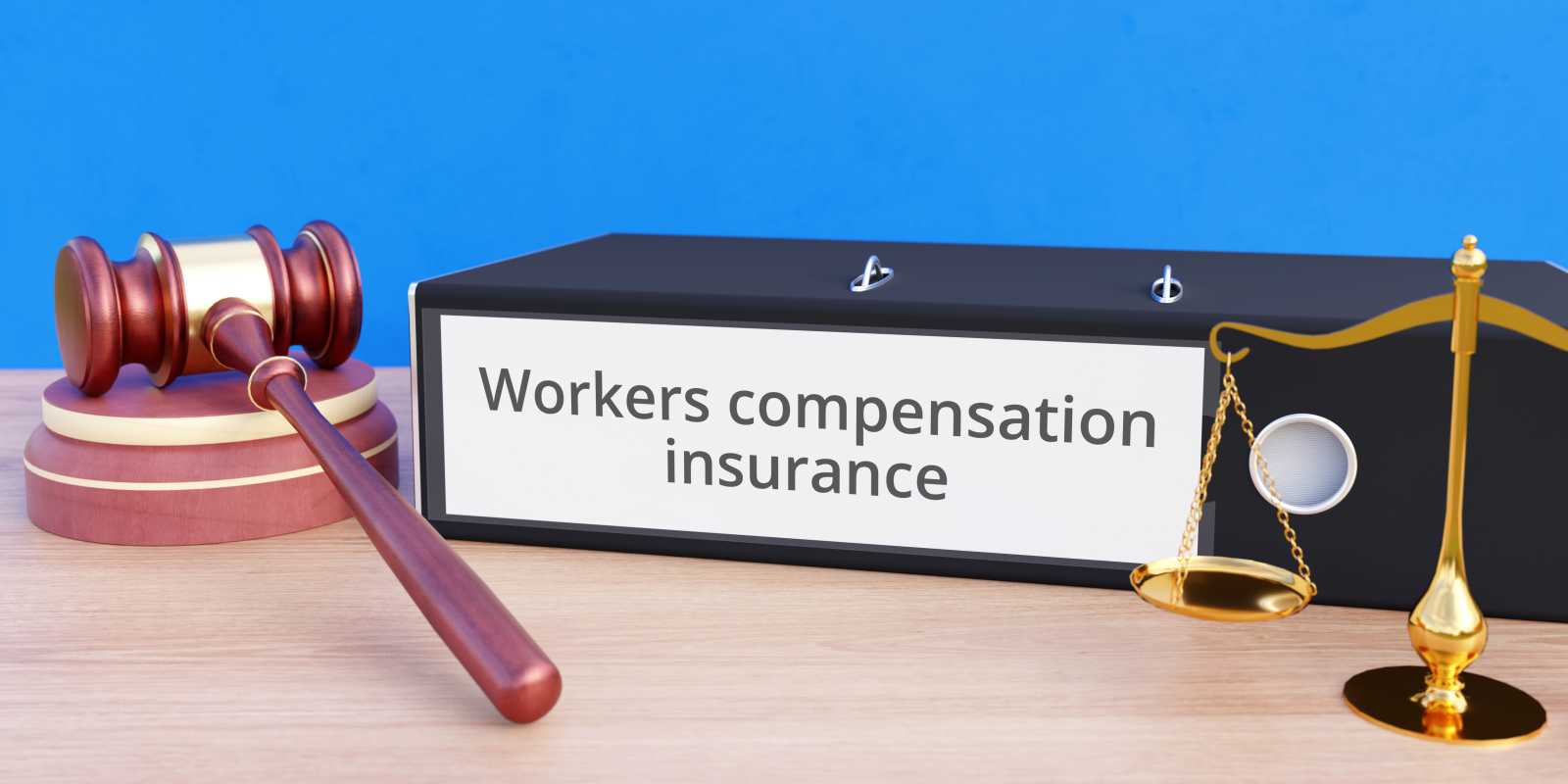 File Folder with Workers Compensation Insurance Text Near Judge Gavel