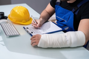 Injured Construction Worker Filling Workers Compensation Claim in Office