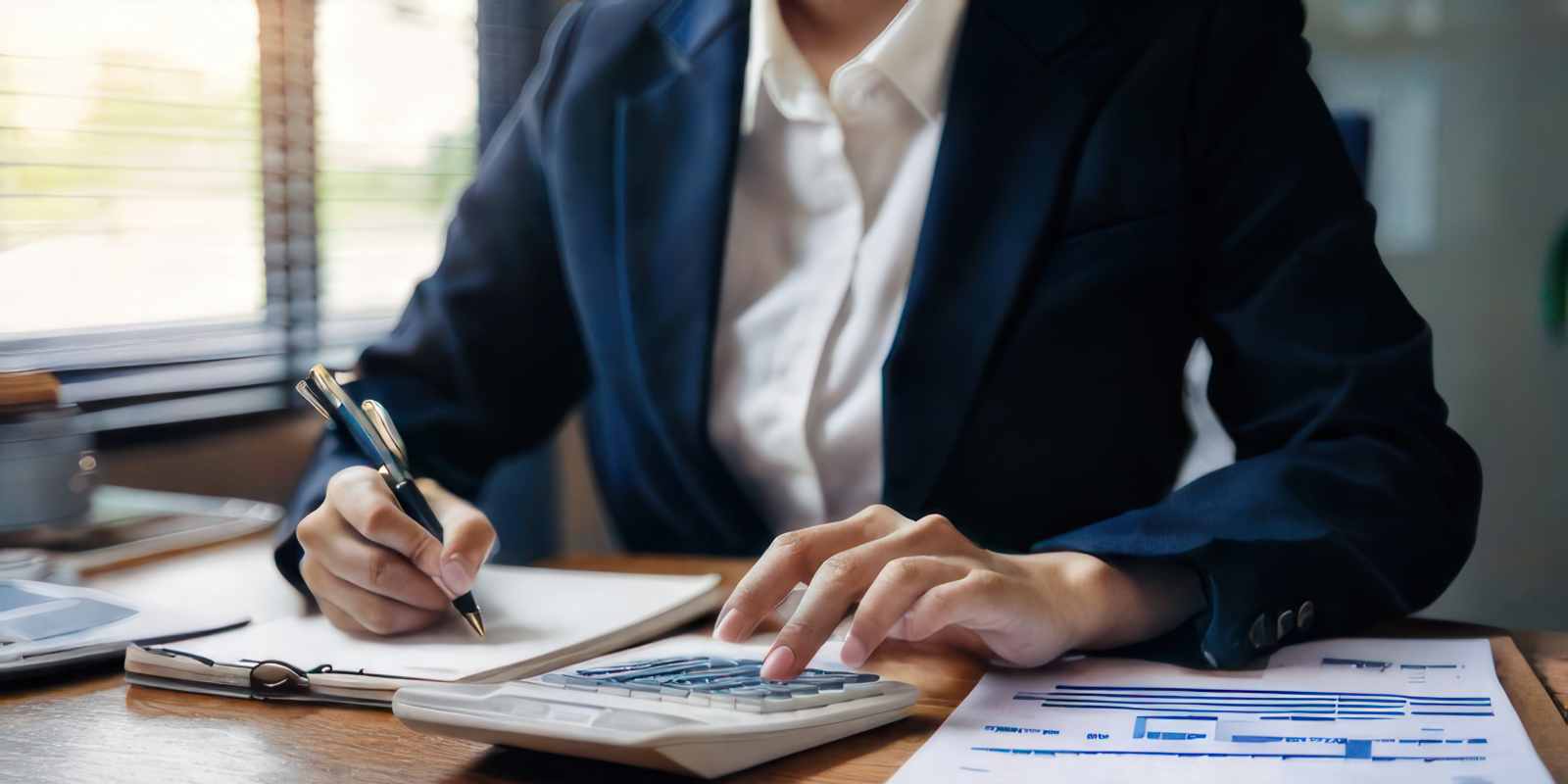 Businesswoman Calculating Workers Compensation Insurance Cost with Calculator