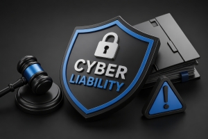 Cyber Liability Shield with Lock Gavel Warning Sign and Document Stack