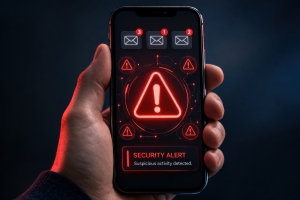 Data Breach Notification on Mobile Screen in Hand