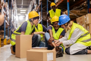 Doctor Assisting Logistics Worker Got Injured While Picking Boxes in Warehouse