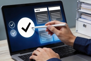 Hand Holding Stylus Pen Checking Documents and Checklist on Laptop Display