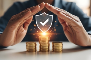 Hands Holding Shield Icon Over Stacked Gold Coins Representing Insurance Safety Dividend