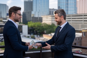 Businessman Paying Workers Compensation Premium to Insurance Agent
