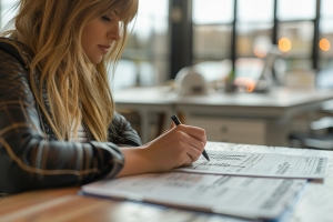 Businesswoman Reviewing Workers Compensation Insurance Cost Documents