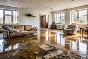 Flood Damaged Home with Broken Furniture and Soggy Carpets Amidst Debris Scattered