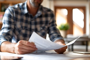 Homeowner Reviewing Insurance Policy for Flood Damage Coverage
