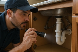 Insurance Agent Inspecting Pipes Under a Kitchen Sink
