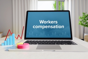Laptop in the Office with Workers Compensation Text on Screen