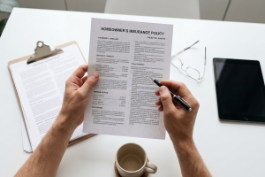 Man Reviewing Homeowner Insurance Policy Document with Pen at Desk