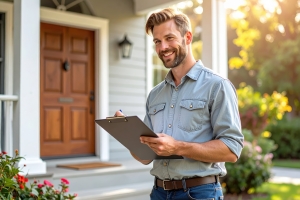 Smiling Insurance Agent Holding Clipboard for Evaluation of Old Home