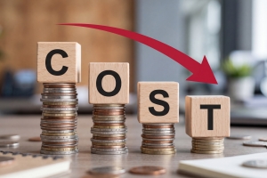 Wooden Blocks Spelling Cost on Decreasing Stacks of Coins Representing Insurance Cost Reduction