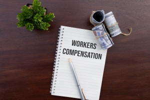 Workers Compensation Text on Notebook Besides Bundels of Dollars