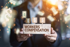 Businessman Holding Wooden Blocks with the Words Workers Compensation and Dollar Signs