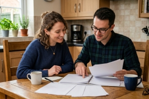 Couple Reviewing Homeowners Insurance Policy for Home Office Coverage