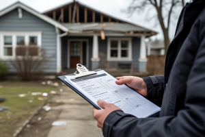 Home Improvement Contractor Holding Renovation Checklist in Front of a House