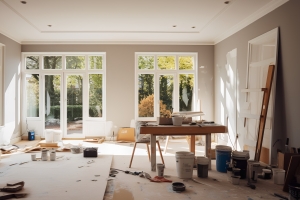 Home Renovation Work in Progress with Wood and Paint Materials