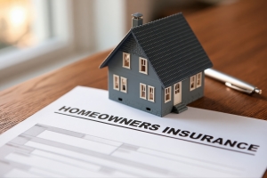 Homeowners Insurance Policy Document with Miniature House Model and Pen on Wooden Desk