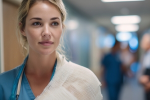 Injured Healthcare Worker with Arm Sling in Hospital Corridor