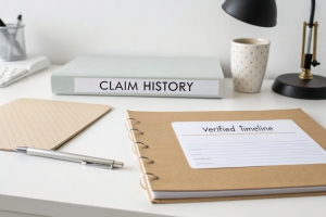 Organized Workspace with Claim History Binder and Verified Timeline Notebook on White Desk