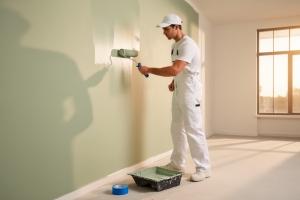 Professional Male Painter in White Overalls Using Roller to Paint Interior Wall