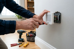 Technician Installing Smart Home Security System Control Panel on Wall of Renovated Home