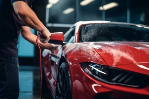Car Wash Expert Using Water Pressure Washer to Clean a Red Modern Sportscar