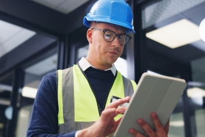 Contractor Reviewing Insurance Options in Tablet in His Office