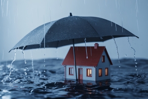 House Protected by Umbrella from Rain and Flood Representing Home Insurance Concept