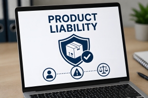 Product Liability Concept on a Laptop Screen Showing a Shield with a Box Inside