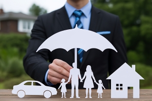 Professional Holding Umbrella Over Family, Home and Car Icons